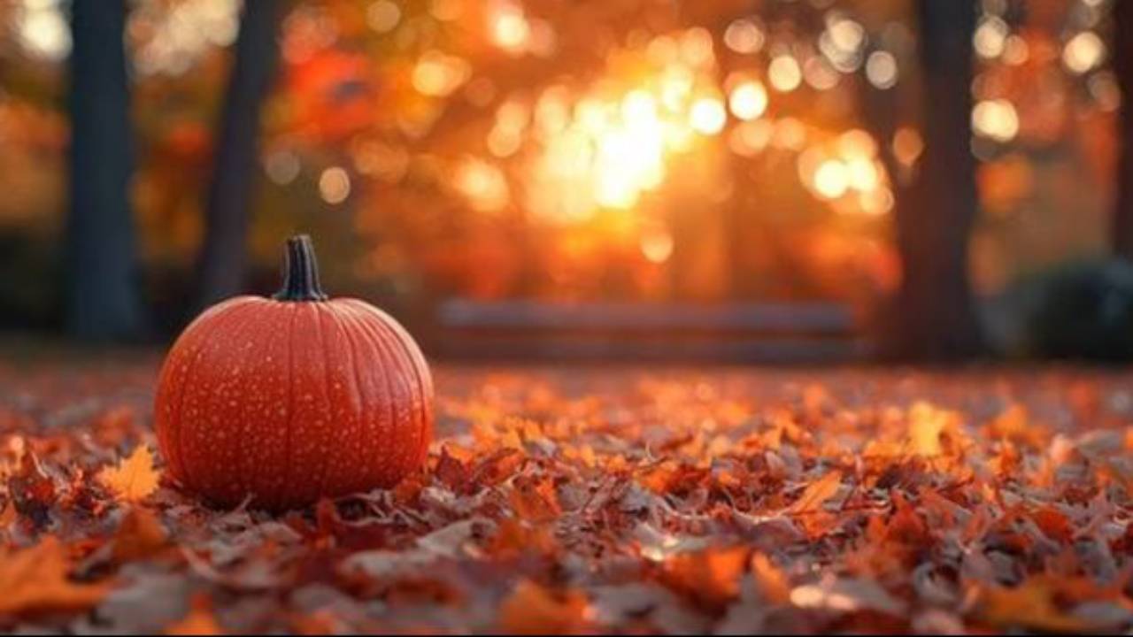 Pumpkin on fall leaves with autumn trees in the background