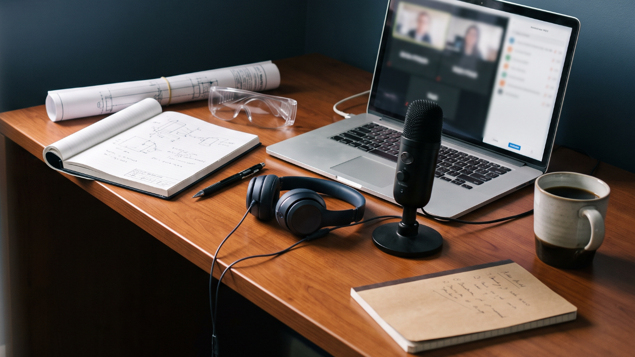 An expert's desk with an engineering drawing, lab notebook and safety glasses beside a laptop showing an online session, a podcast microphone and headphones.