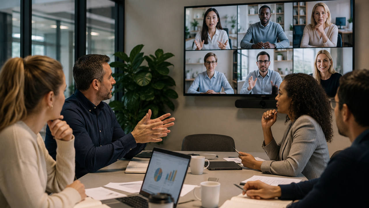 Hybrid meeting with men and women presenting from the room and on the screen