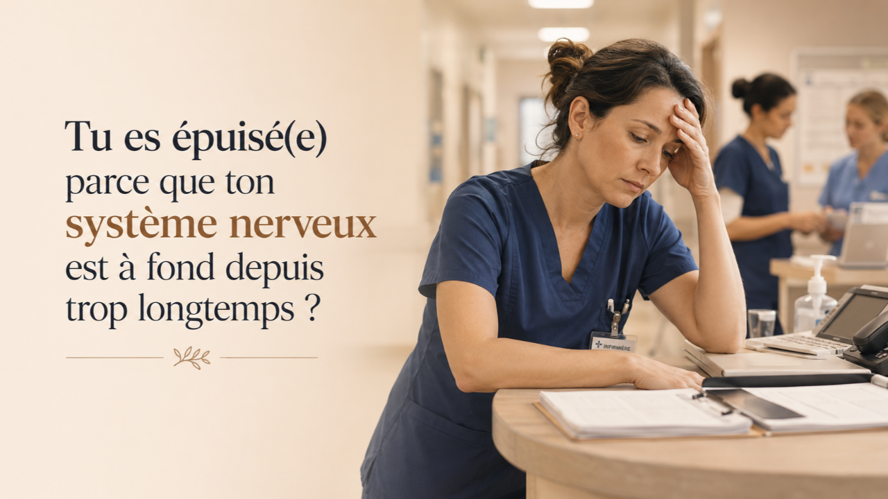 Infirmière visiblement épuisée au poste de travail, illustrant la fatigue liée au stress chronique et à un système nerveux surchargé