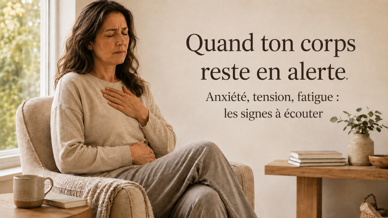 Femme assise dans un fauteuil, la main sur la poitrine et le ventre, illustrant l’anxiété, la tension et la fatigue liées à un système nerveux en état d’alerte