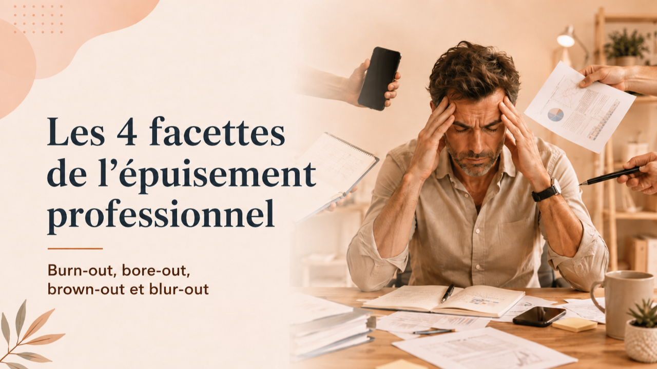 Personne débordée au travail illustrant l’épuisement professionnel, le burn-out, le bore-out, le brown-out et le blur-out