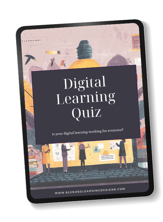 Tablet displaying a "Digital Accessibility Quiz" cover with illustrated people interacting with charts and diagrams in the background.