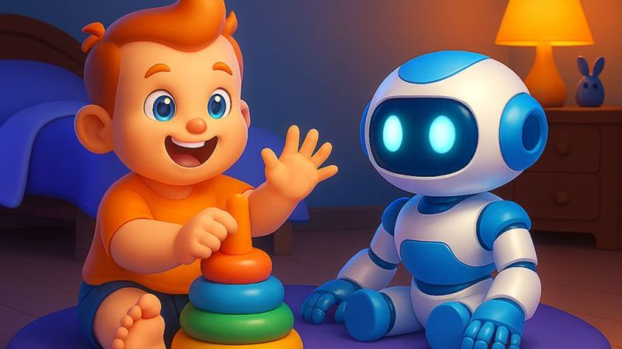 A toddler plays with a stacking toy while a toy robot looks on.