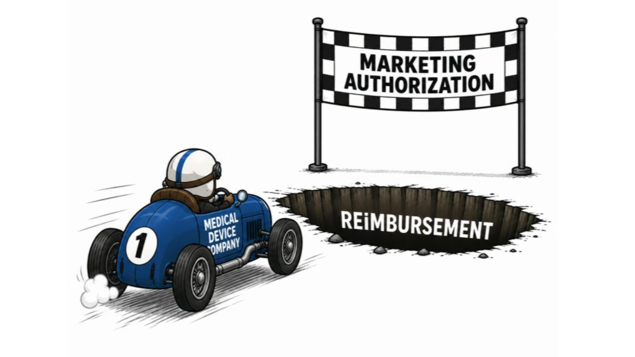 Cartoon of a blue vintage race car labeled "Medical Device Company" speeding toward a "Marketing Authorization" finish line, unaware of a large pit labeled "Reimbursement" in its path.