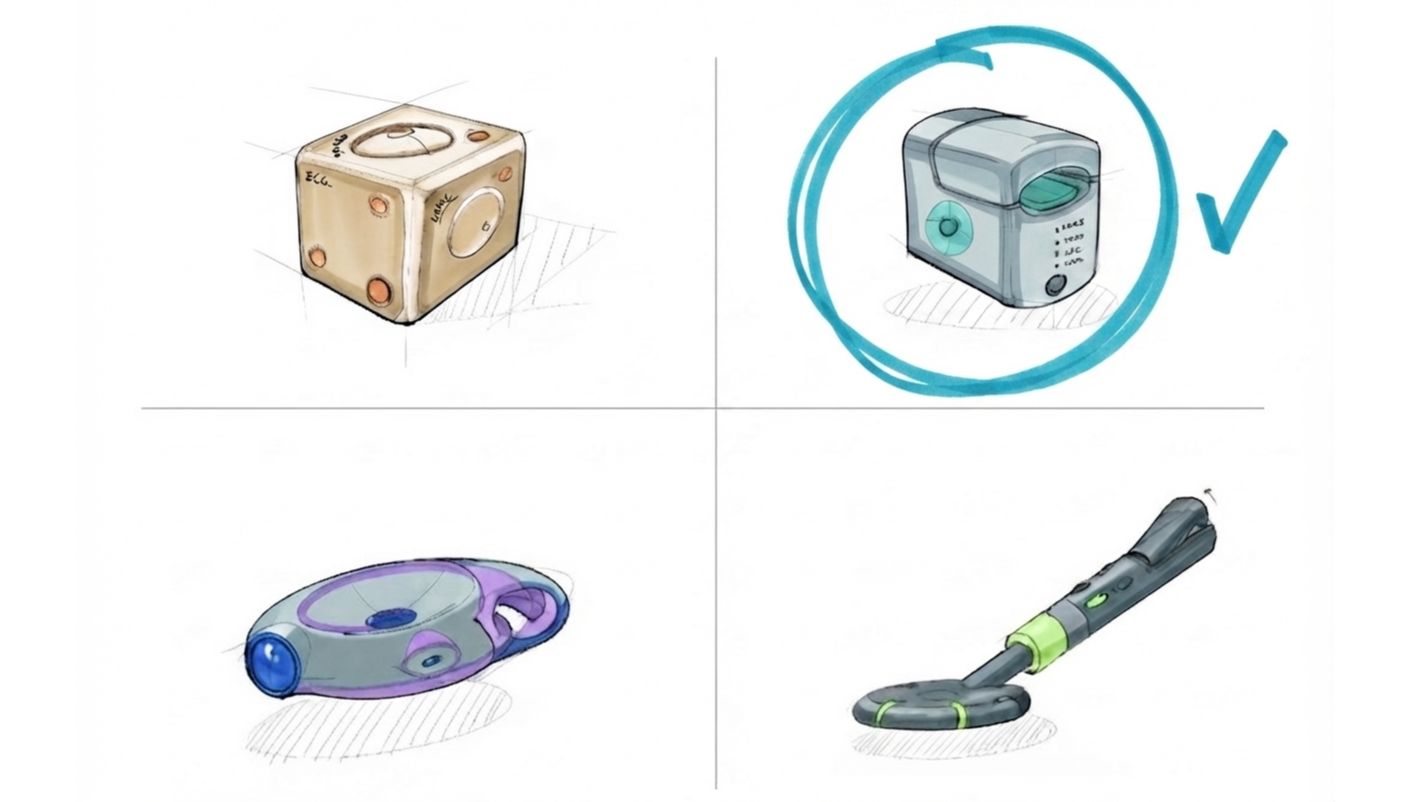 Four design options for a medical device with the top right option circled and a check mark drawn next to it.