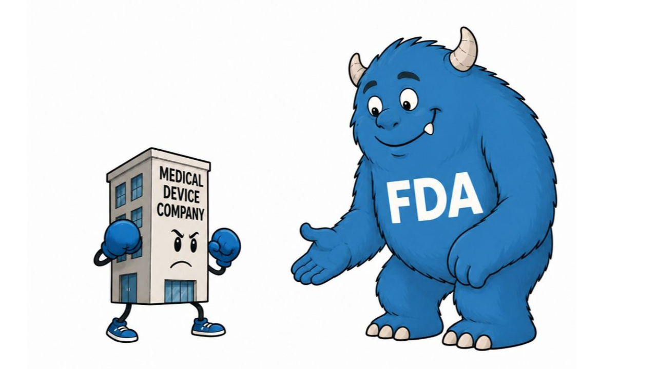 Cartoon of a small office building labeled "Medical Device Company" raising boxing gloves with an angry face, squaring off against a large but friendly, smiling blue monster labeled "FDA" extending a hand in greeting.