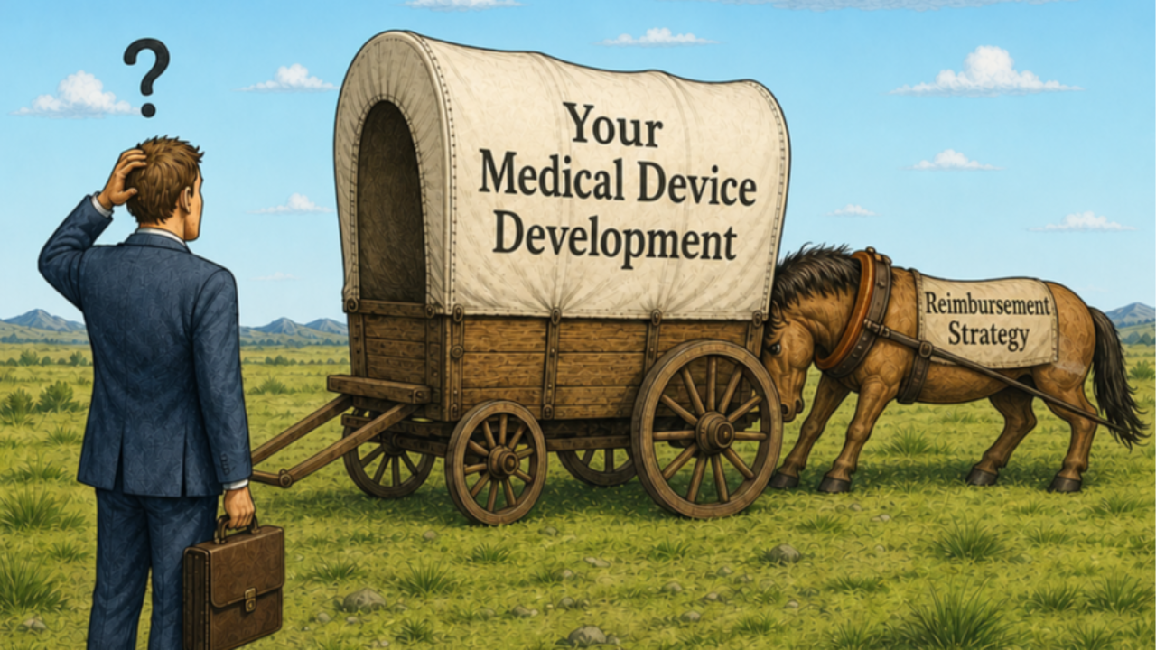 Confused businessman in a suit holding a briefcase watches a horse pushing a covered wagon labeled "Your Medical Device Development" from behind, illustrating the cart-before-the-horse mistake of designing a device before planning reimbursement strategy.