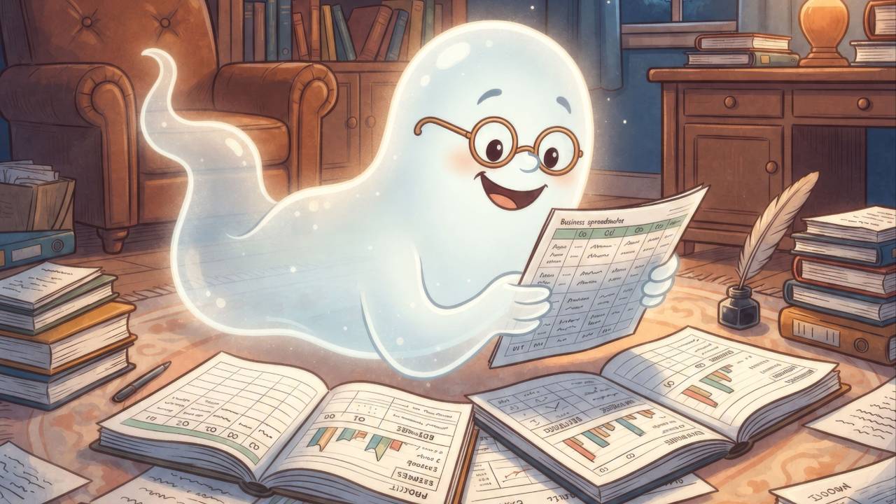 Cartoon of studious ghost wearing glasses lying on the floor happily reading business documents