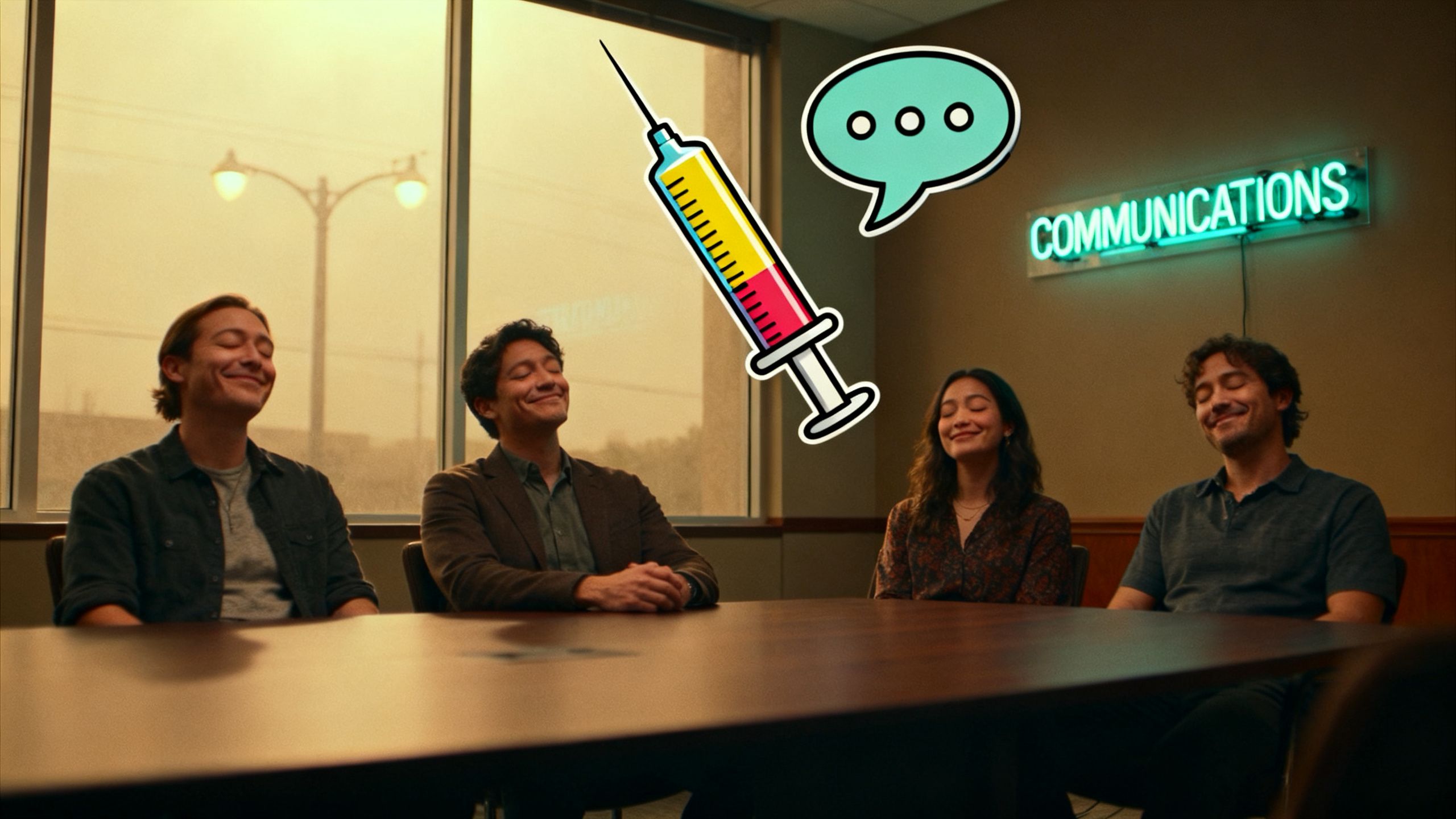 workers sitting around a desk with a soothed expression