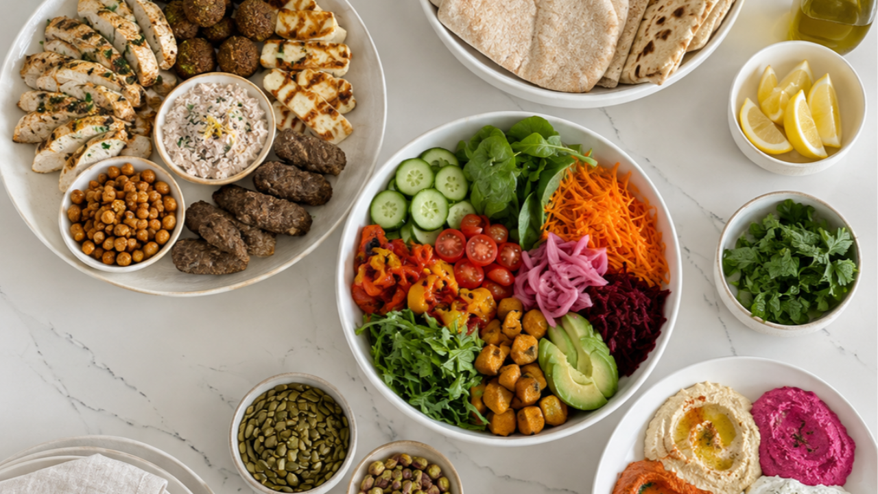 Build-your-own Mediterranean flatbreads with toppings in bowls on the table