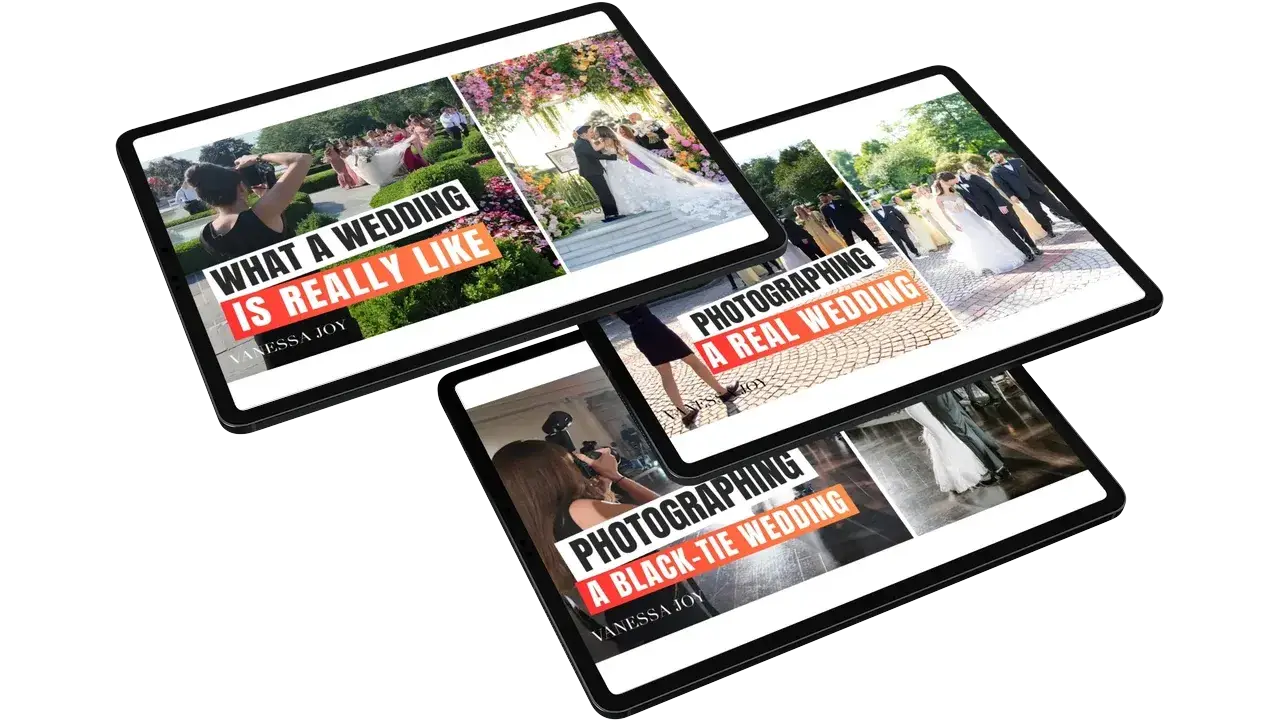Three tablets displaying YouTube thumbnails from Vanessa Joy's Real Weddings video series, showing behind-the-scenes wedding photography moments