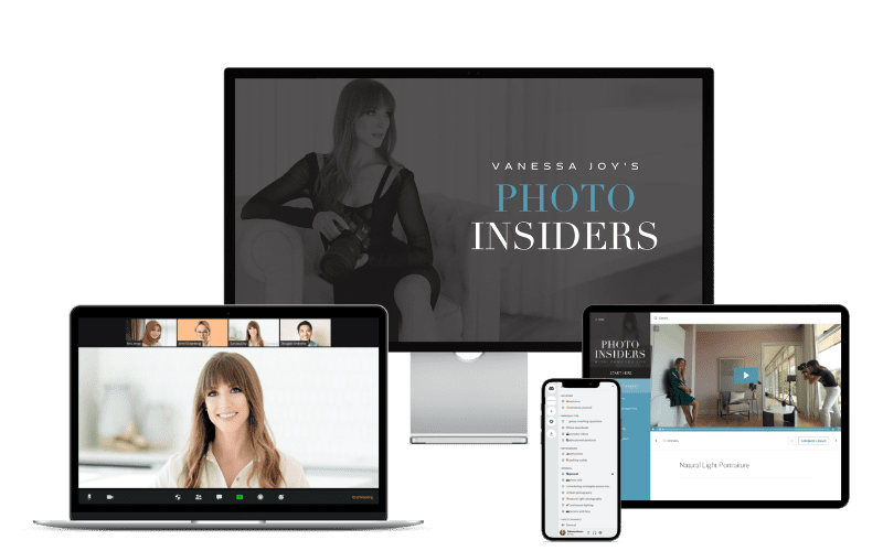 Photo Insiders Membership shown across laptop, monitor, tablet and phone screens, with a video lesson