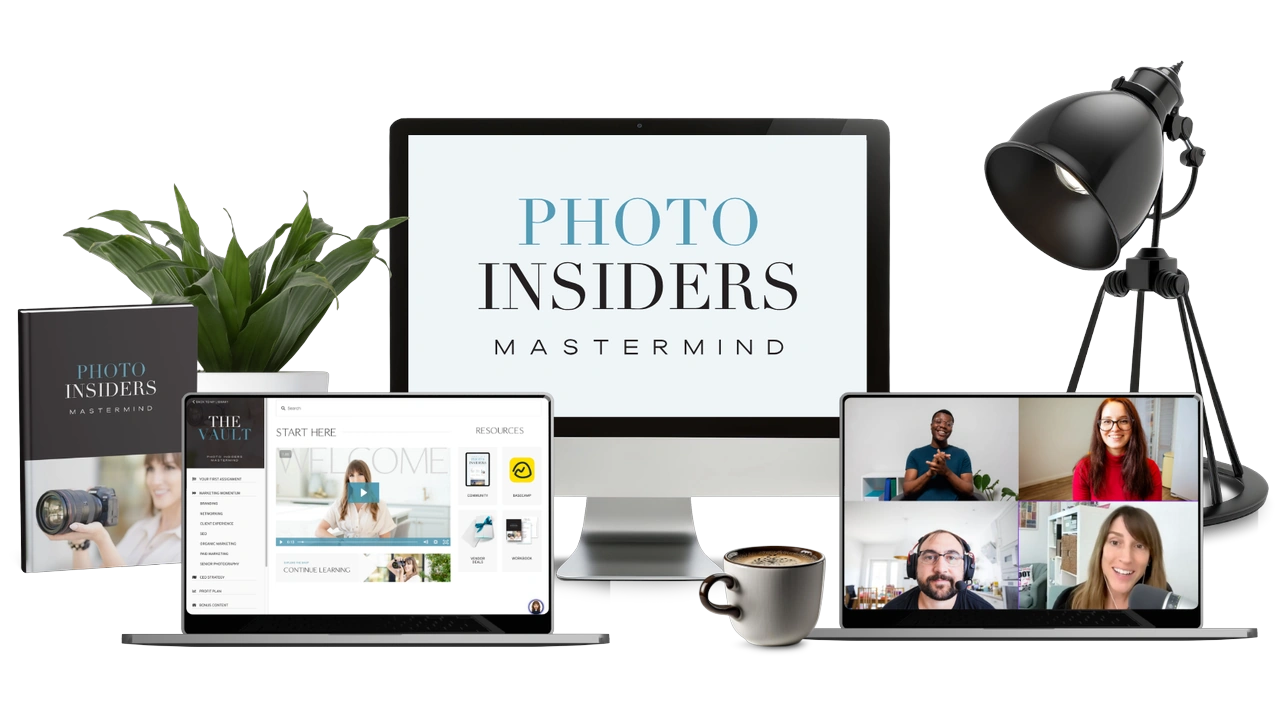 Photo Insiders Mastermind materials on a desktop screen, laptop, video call with Vanessa Joy, and workbook