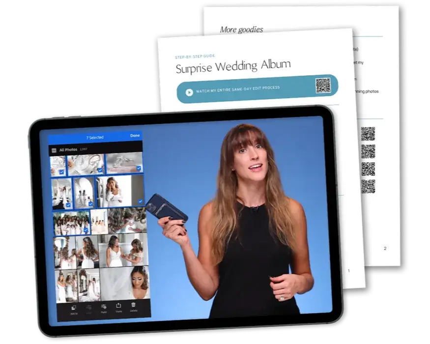Same-Day Album Cheatsheet guide shown on a tablet next to the printed workbook pages