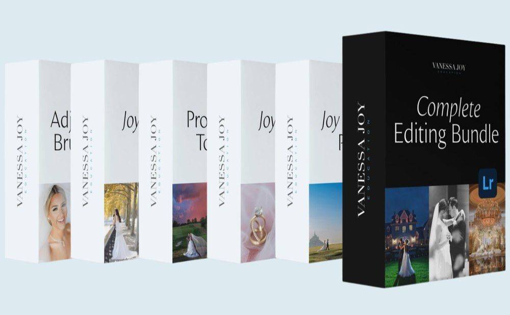 Complete Editing Bundle box mockup by Vanessa Joy Education, featuring Lightroom presets for wedding photographers with wedding photo covers