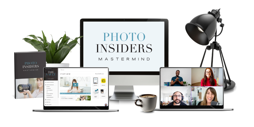 Photo Insiders Mastermind program mockup with book, laptop, desktop monitor, and video call screen