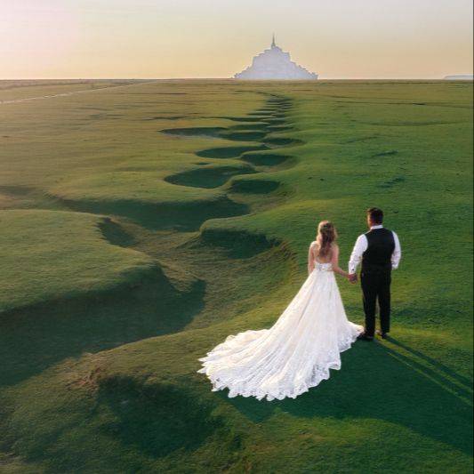 Bride and groom walking hand in hand across a grassy coastal landscape