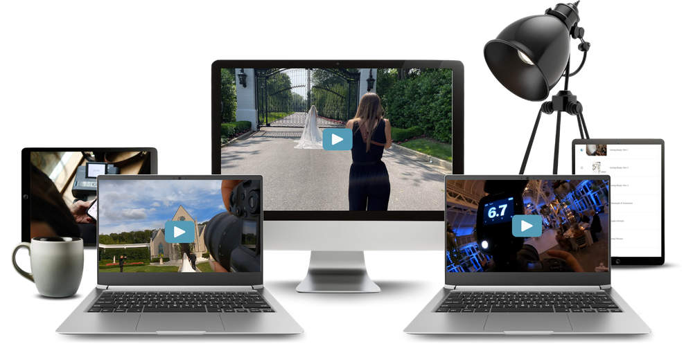 Shadow a Pro Course video lessons displayed across laptop, monitor and tablet screens, showing real wedding shoot footage