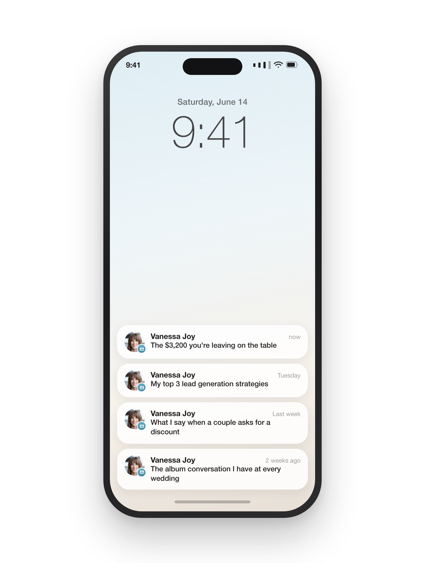 A phone lock screen showing four new emails from Vanessa Joy to wedding photographers
