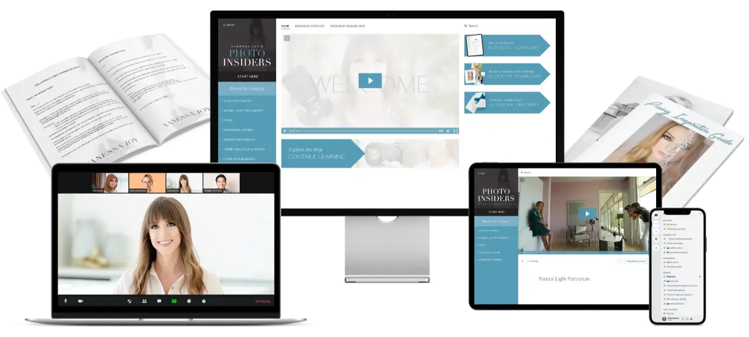 Photo Insiders membership displayed across devices with course workbook and lesson screens