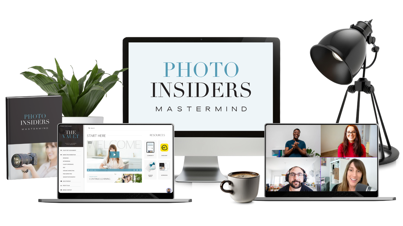 Photo Insiders Mastermind program mockup with book, laptop, desktop monitor, and video call screen