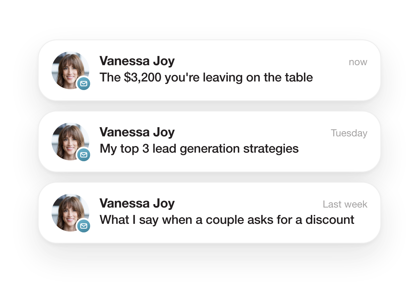 Three phone notifications showing new emails from Vanessa Joy to wedding photographers