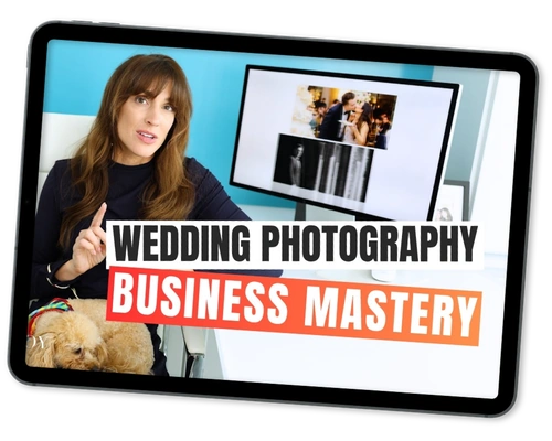 The free Wedding Photography Business Mastery video course on screen, with Vanessa Joy on the title card