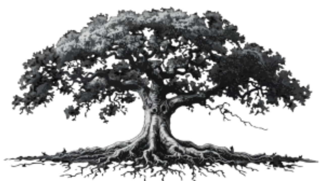 A detailed black and white illustration of a large oak tree with deep sprawling roots and a full canopy, representing the Inner Empire™ principle that strong roots are the foundation of everything a woman builds above ground.