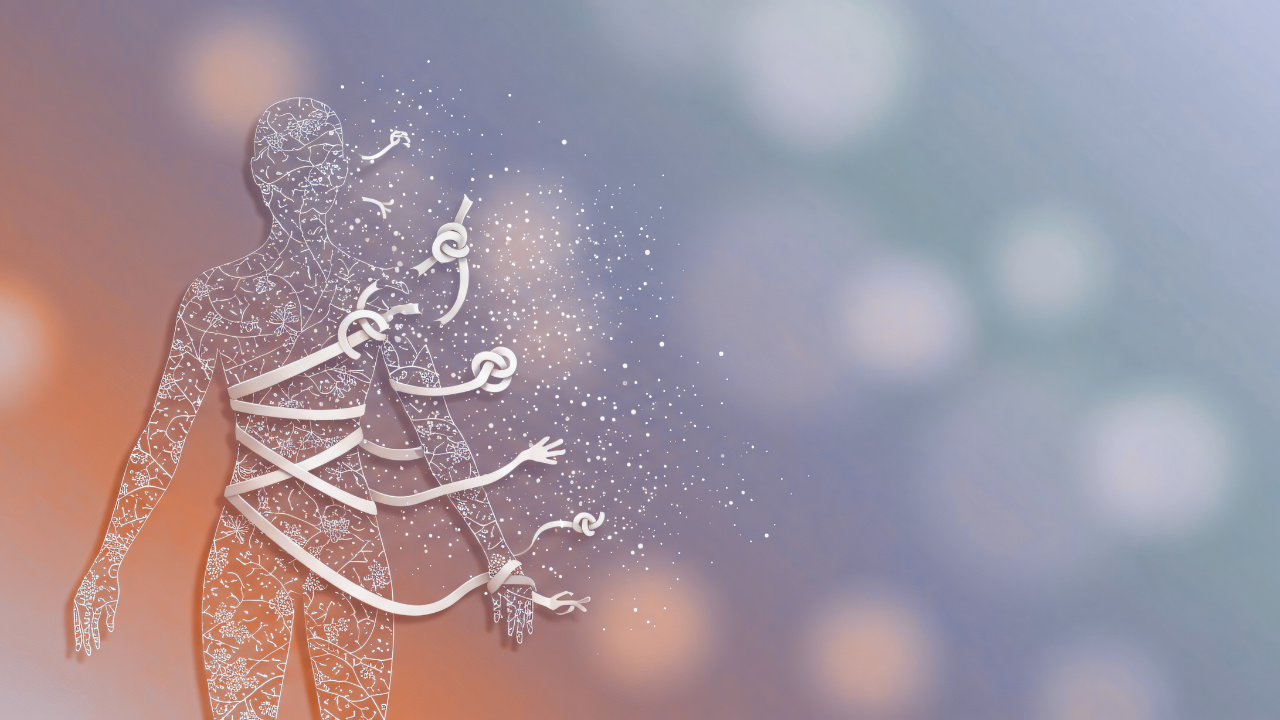 A luminous white figure wrapped in knotted ribbons that are gently unraveling against a soft bokeh background, representing the Inner Empire™ truth that the inner critic is not an enemy to defeat but a protector to be met with compassion and gently released.