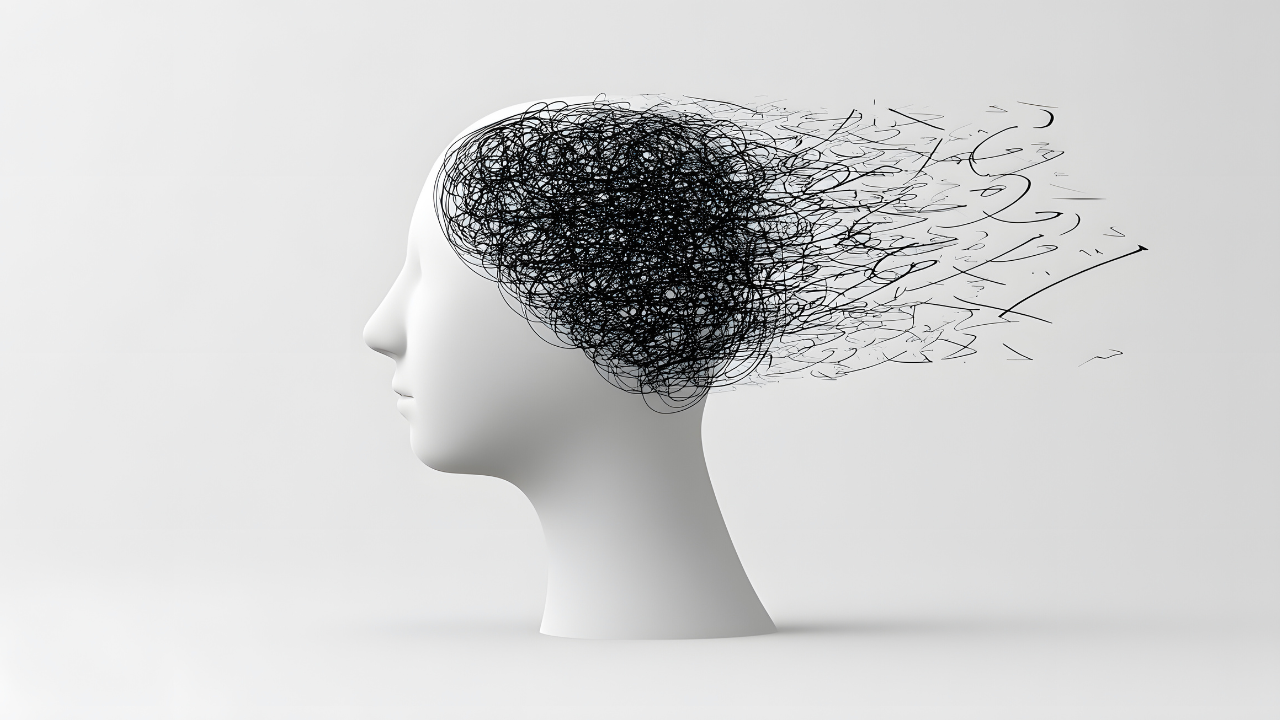 A white sculptural female head in profile with a tangled mass of black lines emerging from the mind, representing the Inner Empire™ truth that the stories we tell ourselves create a physiological burden the body carries long after the original wound has passed.