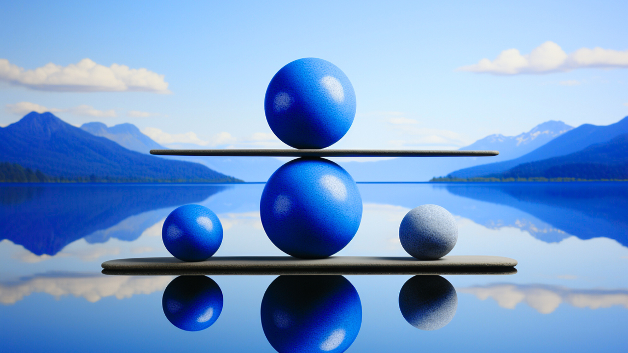 Blue spheres balanced on stacked wooden platforms above a still lake, representing steadiness amid pulling forces.