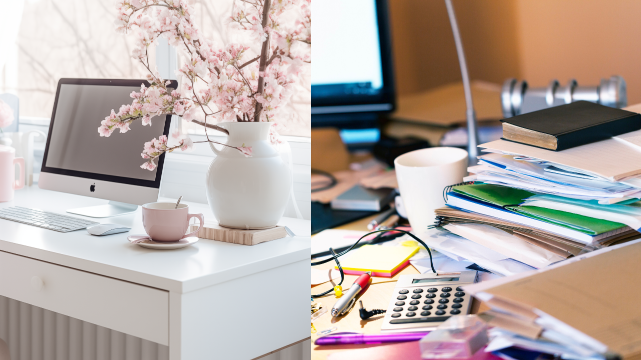 Side by side comparison of a serene organized desk with cherry blossoms and a cup of tea beside a chaotic desk overflowing with papers and clutter, representing the Inner Empire™ truth that your environment is either supporting your clarity or quietly taxing your nervous system every day.