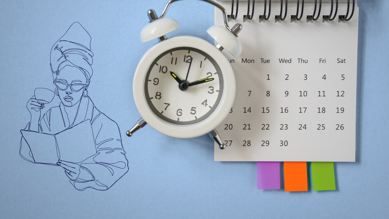 A line drawing of a woman reading with a cup of tea beside a clock and a monthly calendar on a blue background, representing the Inner Empire™ truth that how you schedule your time is a health decision and the woman who manages everything must also learn to schedule herself.
