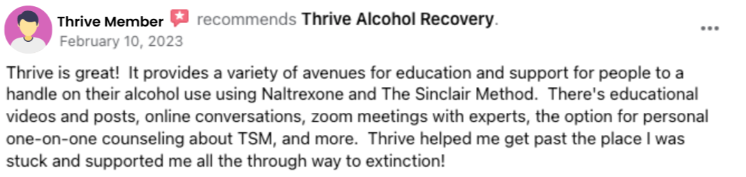 Thrive member testimonial recommending Thrive Alcohol Recovery.