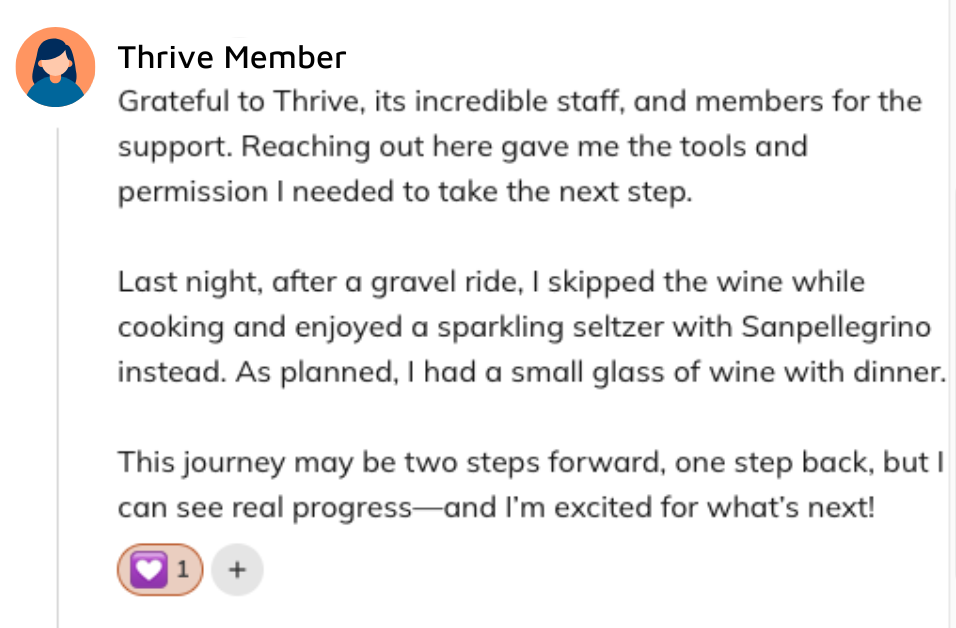 Thrive member testimonial describing progress and support during recovery.