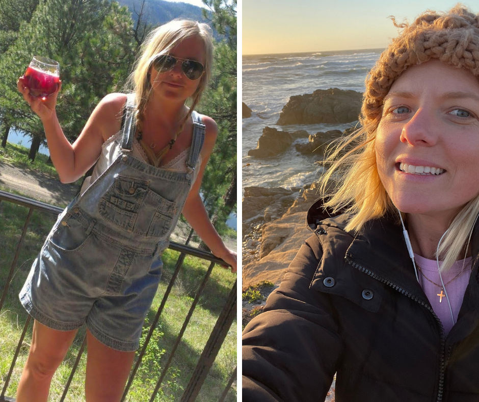 Two photos of a woman outdoors, smiling in casual clothing, one holding a drink and one near the ocean.
