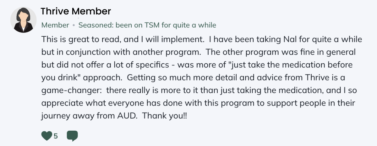 Screenshot of a Thrive member testimonial describing positive experience with the Sinclair Method and Thrive program support.
