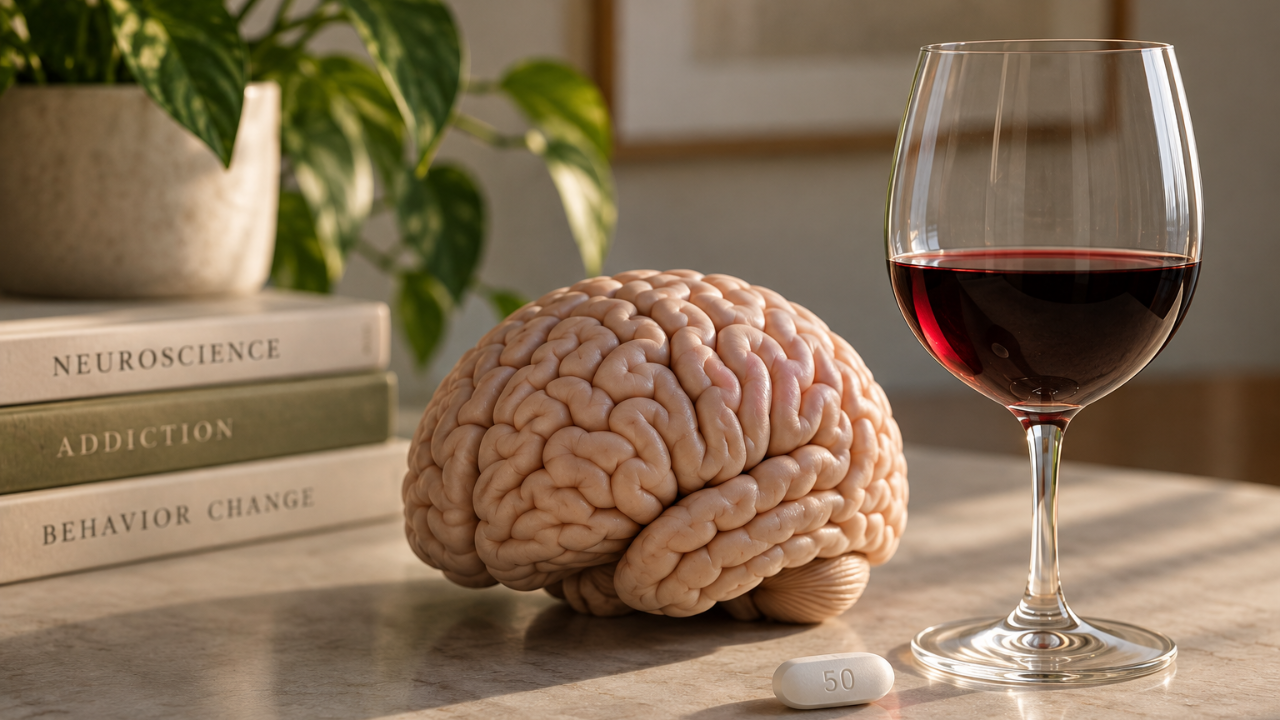 Brain, naltrexone pill and glass of wine representing alcohol reward and extinction research