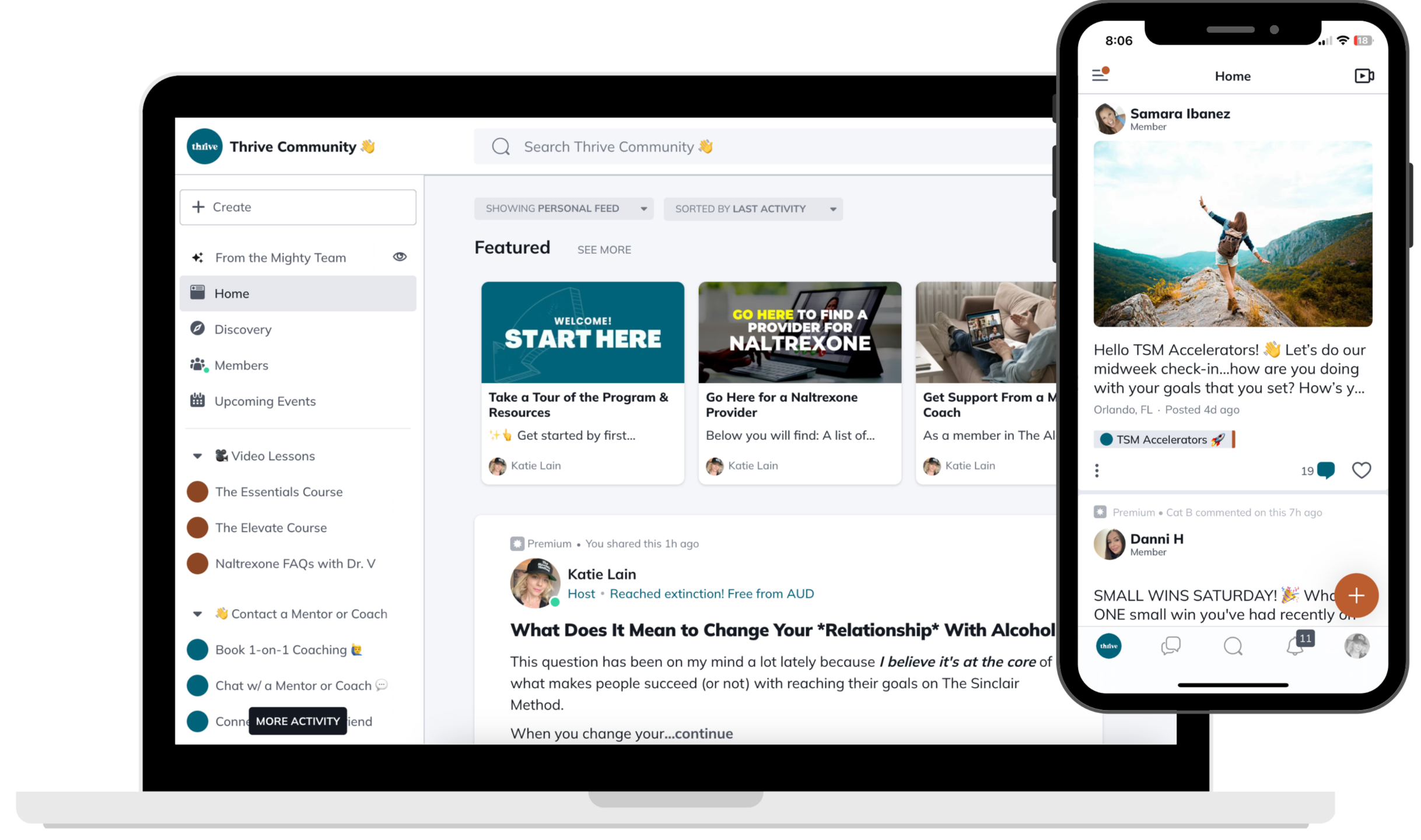Screenshot of the Thrive Alcohol Recovery online community shown on desktop and mobile devices