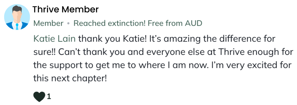 Thrive member testimonial about recovery progress and support.