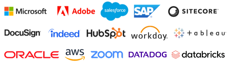 Logo Image for Microsoft, Adobe, Salesforce, SAP, Sitecore, Docusign, Indeed, Hubspot, Workday, and Tableau