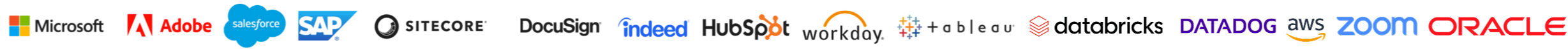Logo Image for Microsoft, Adobe, Salesforce, SAP, Sitecore, Docusign, Indeed, Hubspot, Workday, and Tableau