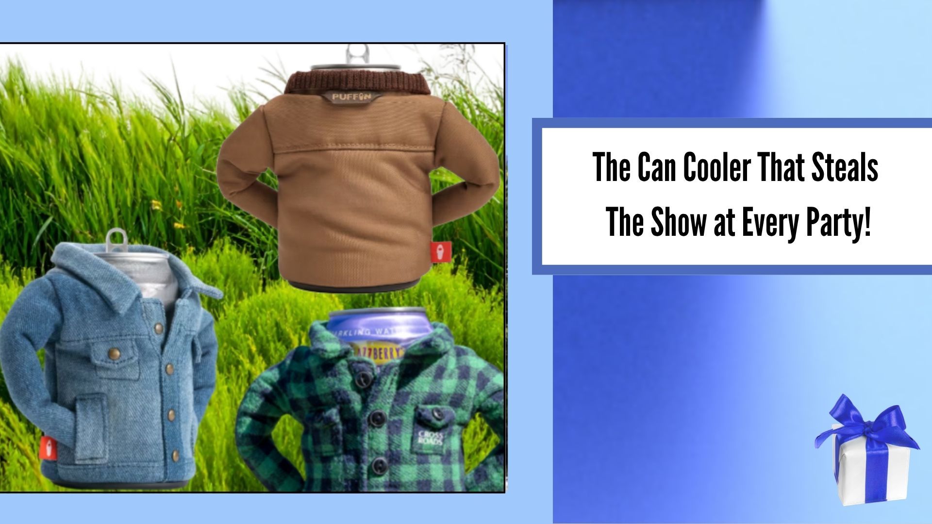 Puffin can cooler designed like jackets and novelty apparel styles