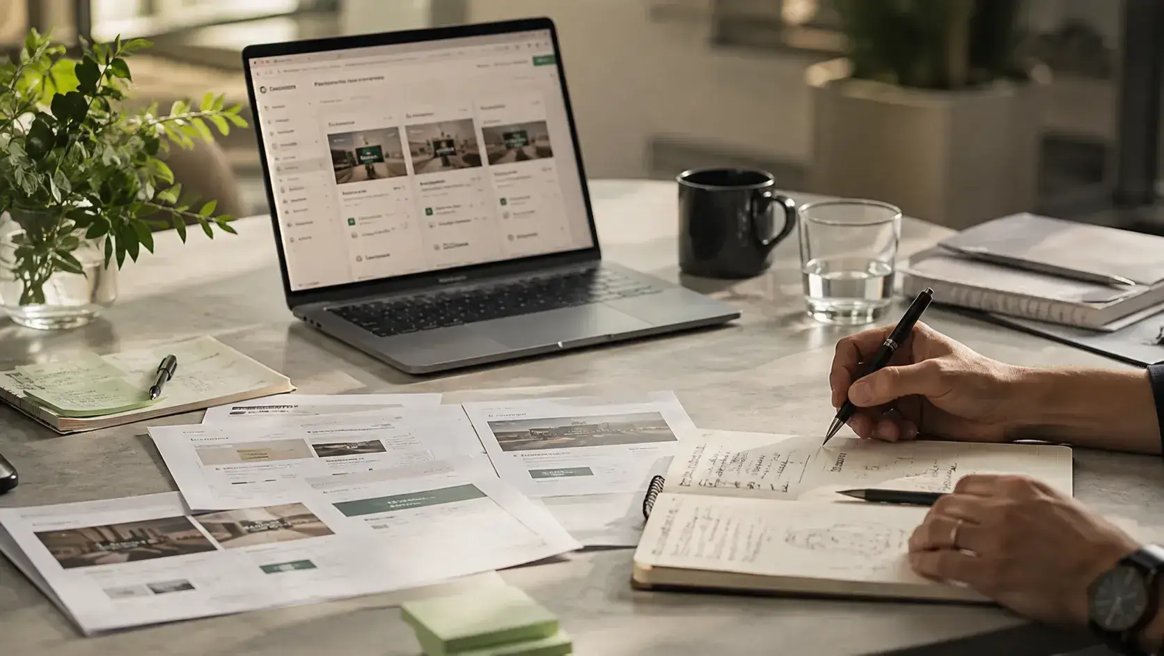 Environnement de travail pour arbitrer entre campagnes, créations, landing pages et notes
