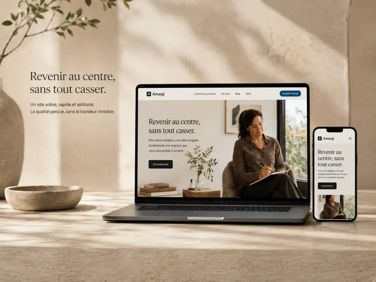 Website Amargi actuel, sobre, éditorial et conçu pour desktop comme mobile