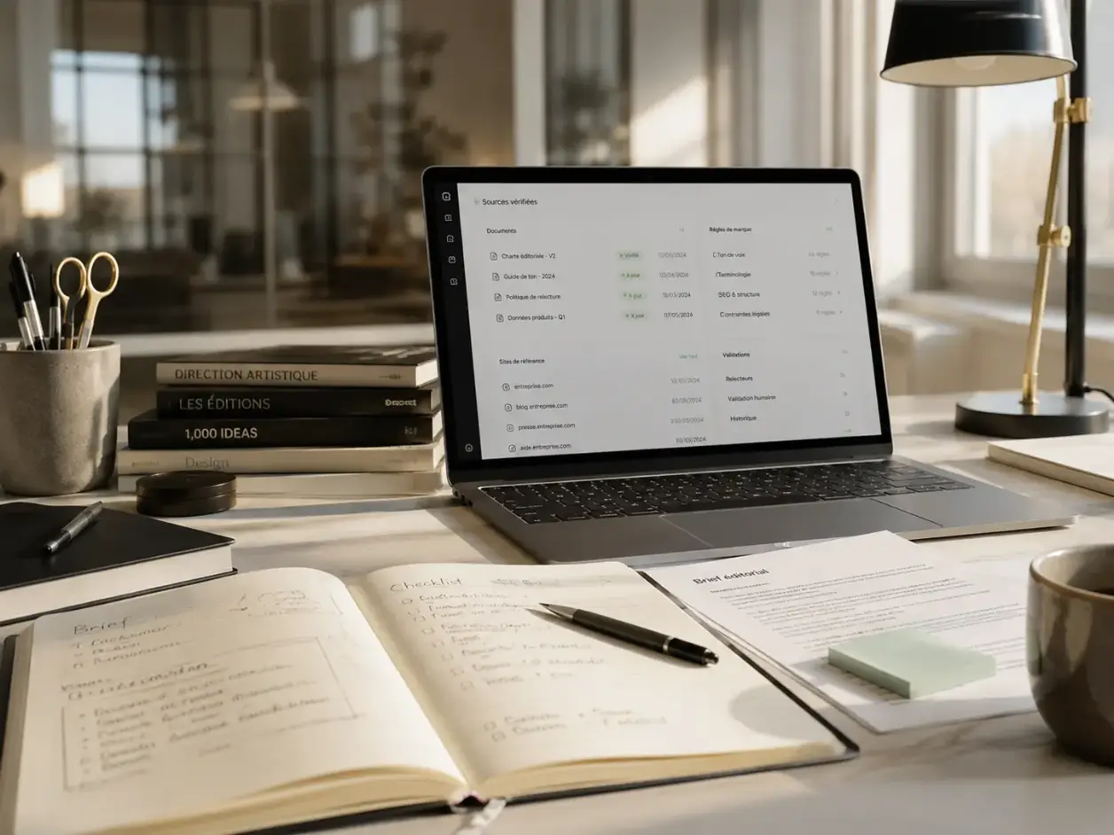 Sources vérifiées, règles de marque et validations organisées dans une interface de gouvernance