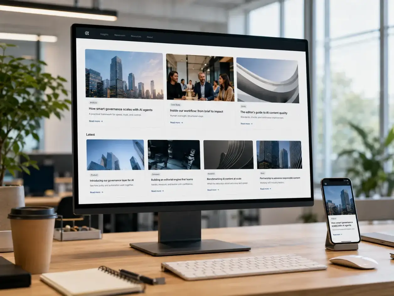 Interface éditoriale consultée sur ordinateur et mobile, représentant un système de publication multicanal