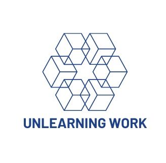 Unlearning Work LLC blue and white logo with cube design