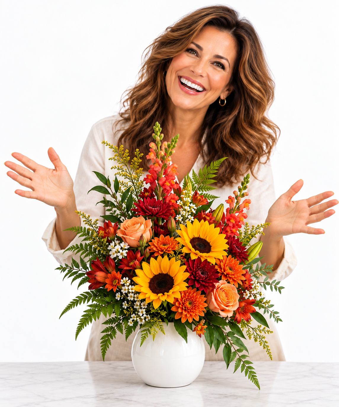 A joyful woman celebrating the floral arrangement she created